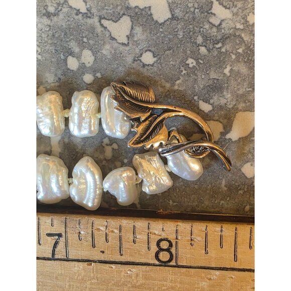 Biwa Pearl Necklace Sterling Silver Leaf & Vine Toggle Clasp 18" - Picture 10 of 12